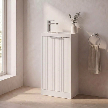 Milan Fluted Compact 400mm Matt White Floor Standing Vanity Unit with Chrome Handle
