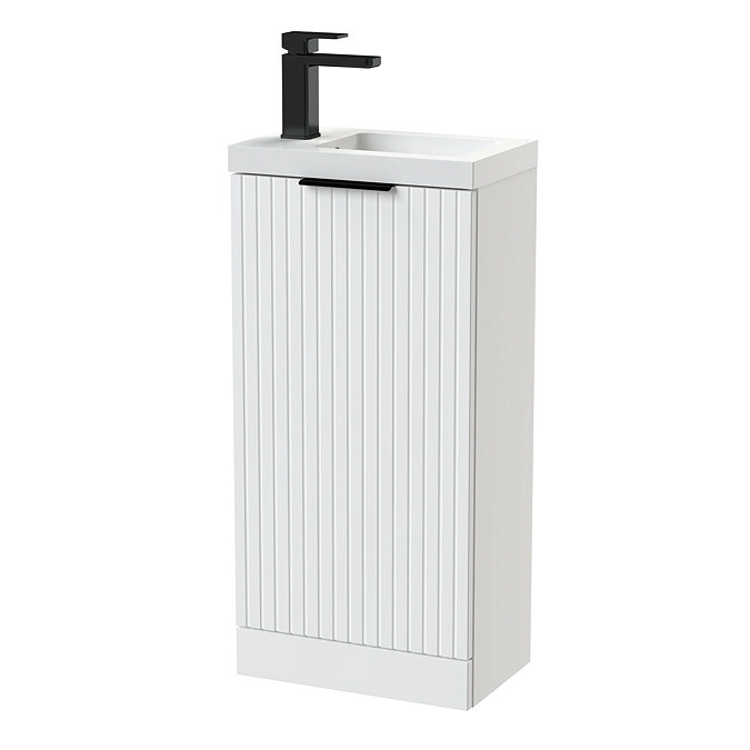 Milan Fluted Compact 400mm Matt White Floor Standing Vanity Unit with Matt Black Handle