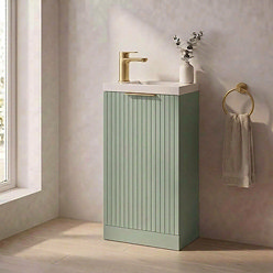 Milan Fluted Compact 400mm Satin Green Floor Standing Vanity Unit with Brushed Brass Handle