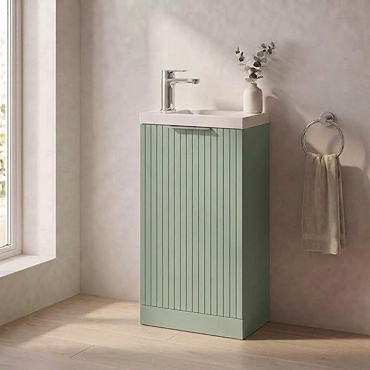 Milan Fluted Compact 400mm Satin Green Floor Standing Vanity Unit with Chrome Handle