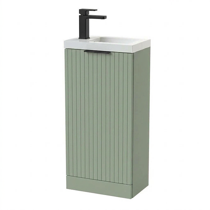 Milan Fluted Compact 400mm Satin Green Floor Standing Vanity Unit with Matt Black Handle
