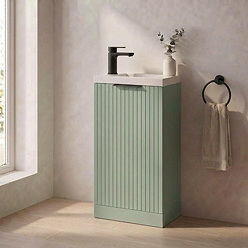 Milan Fluted Compact 400mm Satin Green Floor Standing Vanity Unit with Matt Black Handle