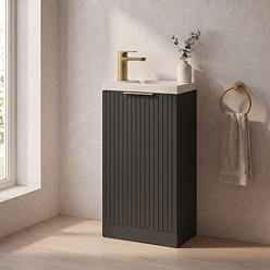 Milan Fluted Compact 400mm Soft Black Floor Standing Vanity Unit with Brushed Brass Handle