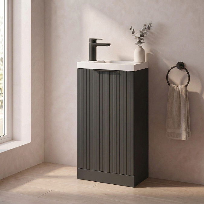 Milan Fluted Compact 400mm Soft Black Floor Standing Vanity Unit with Matt Black Handle
