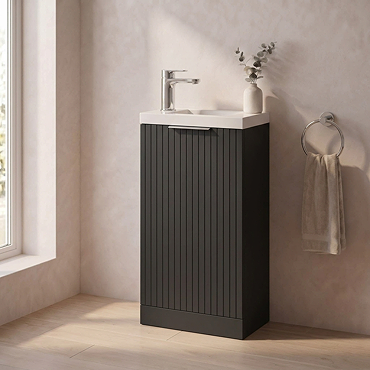 Milan Fluted Compact 400mm Soft Black Floor Standing Vanity Unit with with Chrome Handle