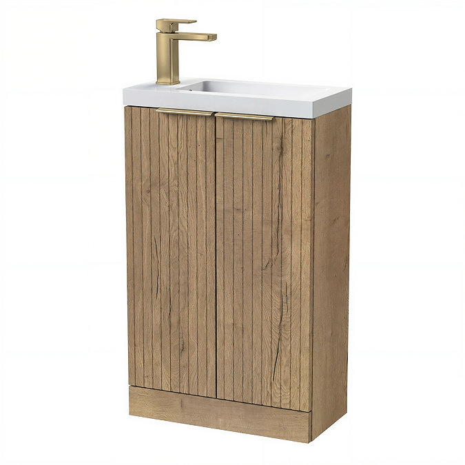 Milan Fluted Compact 500mm Autumn Oak Floor Standing Vanity Unit with Brushed Brass Handles