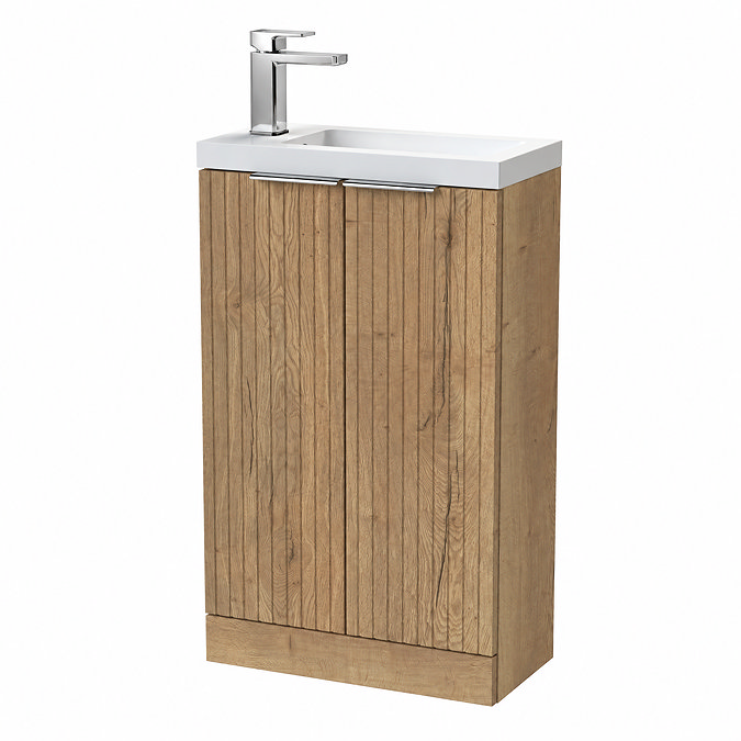 Milan Fluted Compact 500mm Autumn Oak Floor Standing Vanity Unit with Chrome Handles