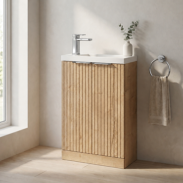 Milan Fluted Compact 500mm Autumn Oak Floor Standing Vanity Unit with Chrome Handles