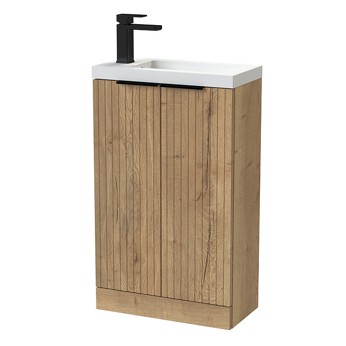Milan Fluted Compact 500mm Autumn Oak Floor Standing Vanity Unit with Matt Black Handles