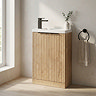 Milan Fluted Compact 500mm Autumn Oak Floor Standing Vanity Unit with Matt Black Handles
