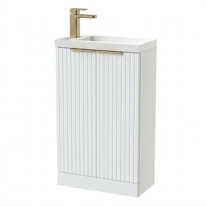 Milan Fluted Compact 500mm Matt White Floor Standing Vanity Unit with Brushed Brass Handles
