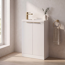 Milan Fluted Compact 500mm Matt White Floor Standing Vanity Unit with Brushed Brass Handles