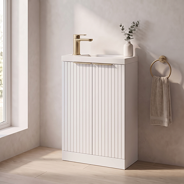 Milan Fluted Compact 500mm Matt White Floor Standing Vanity Unit with Brushed Brass Handles