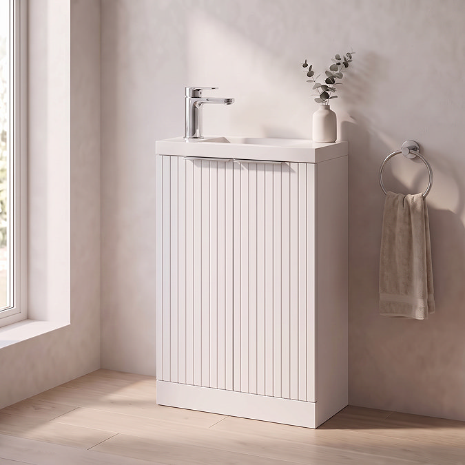 Milan Fluted Compact 500mm Matt White Floor Standing Vanity Unit with Chrome Handles