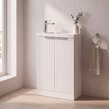 Milan Fluted Compact 500mm Matt White Floor Standing Vanity Unit with Chrome Handles