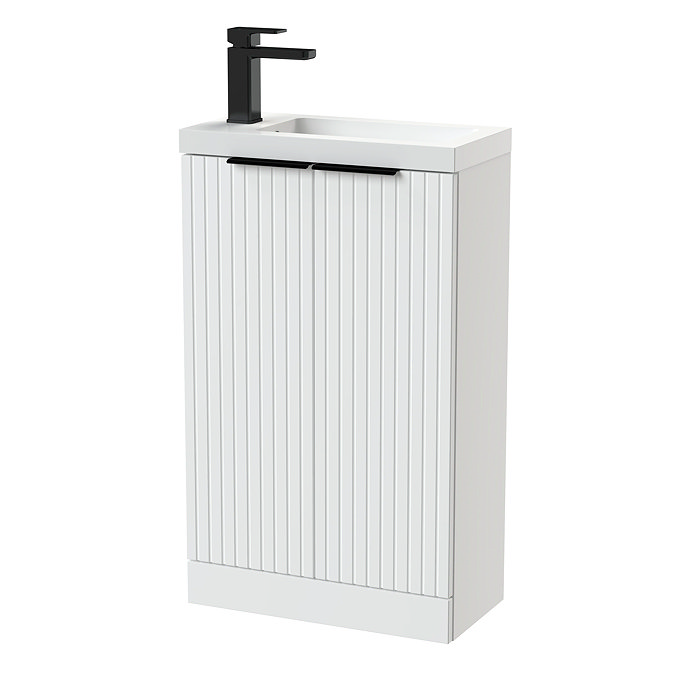 Milan Fluted Compact 500mm Matt White Floor Standing Vanity Unit with Matt Black Handles