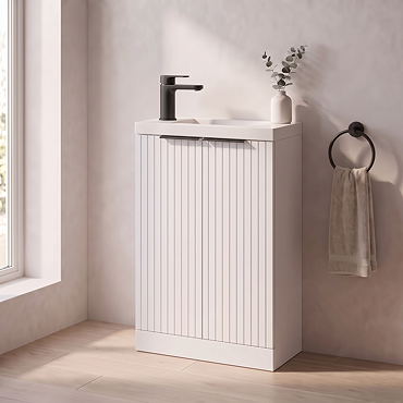 Milan Fluted Compact 500mm Matt White Floor Standing Vanity Unit with Matt Black Handles