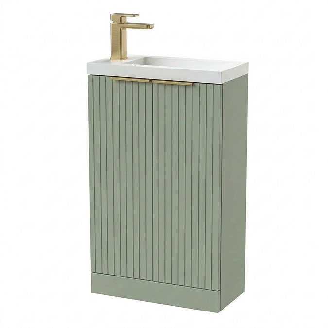 Milan Fluted Compact 500mm Satin Green Floor Standing Vanity Unit with Brushed Brass Handles