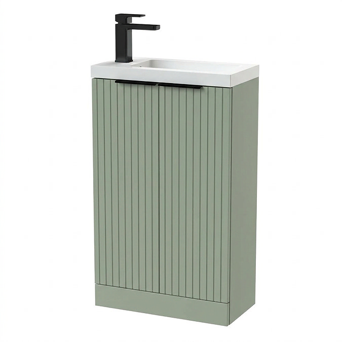 Milan Fluted Compact 500mm Satin Green Floor Standing Vanity Unit with Matt Black Handles