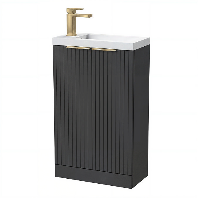 Milan Fluted Compact 500mm Soft Black Floor Standing Vanity Unit with Brushed Brass Handles