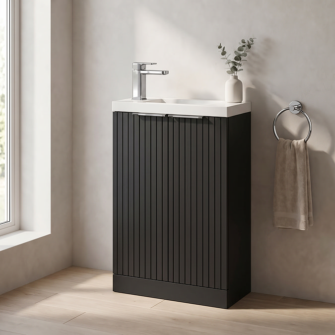 Milan Fluted Compact 500mm Soft Black Floor Standing Vanity Unit with with Chrome Handles