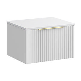 Milan Fluted Matt White 600mm Wall Hung 1-Drawer Countertop Vanity Unit with Brushed Brass Handle
