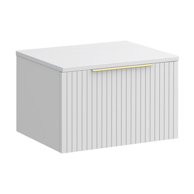 Milan Fluted Matt White 600mm Wall Hung 1-Drawer Countertop Vanity Unit with Brushed Brass Handle