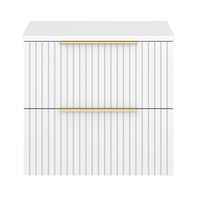 Milan Fluted Matt White 600mm Wall Hung 2-Drawer Countertop Vanity Unit with Brushed Brass Handles