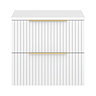 Milan Fluted Matt White 600mm Wall Hung 2-Drawer Countertop Vanity Unit with Brushed Brass Handles