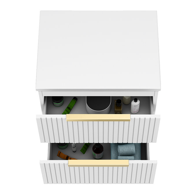 Milan Fluted Matt White 600mm Wall Hung 2-Drawer Countertop Vanity Unit with Brushed Brass Handles