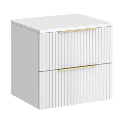 Milan Fluted Matt White 600mm Wall Hung 2-Drawer Countertop Vanity Unit with Brushed Brass Handles