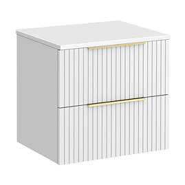 Milan Fluted Matt White 600mm Wall Hung 2-Drawer Countertop Vanity Unit with Brushed Brass Handles