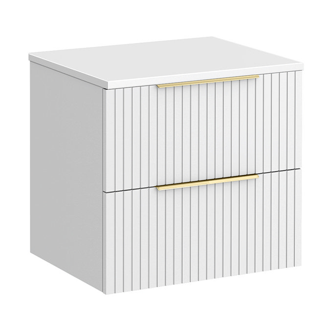 Milan Fluted Matt White 600mm Wall Hung 2-Drawer Countertop Vanity Unit with Brushed Brass Handles
