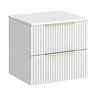 Milan Fluted Matt White 600mm Wall Hung 2-Drawer Countertop Vanity Unit with Brushed Brass Handles