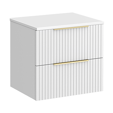 Milan Fluted Matt White 600mm Wall Hung 2-Drawer Countertop Vanity Unit with Brushed Brass Handles