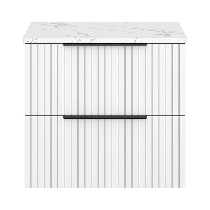 Milan Fluted Matt White 600mm Wall Hung 2-Drawer Countertop Vanity Unit with Matt Black Handles