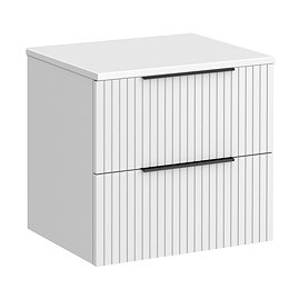 Milan Fluted Matt White 600mm Wall Hung 2-Drawer Countertop Vanity Unit with Matt Black Handles