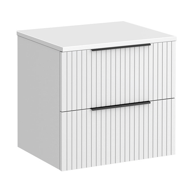 Milan Fluted Matt White 600mm Wall Hung 2-Drawer Countertop Vanity Unit with Matt Black Handles