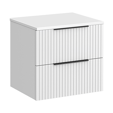 Milan Fluted Matt White 600mm Wall Hung 2-Drawer Countertop Vanity Unit with Matt Black Handles