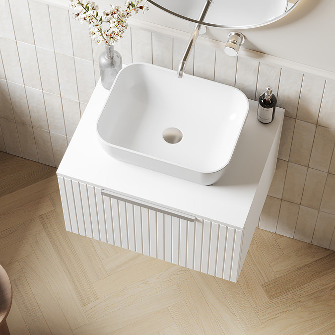 Milan Fluted Matt White 600mm Wall Hung 2-Drawer Countertop Vanity Unit