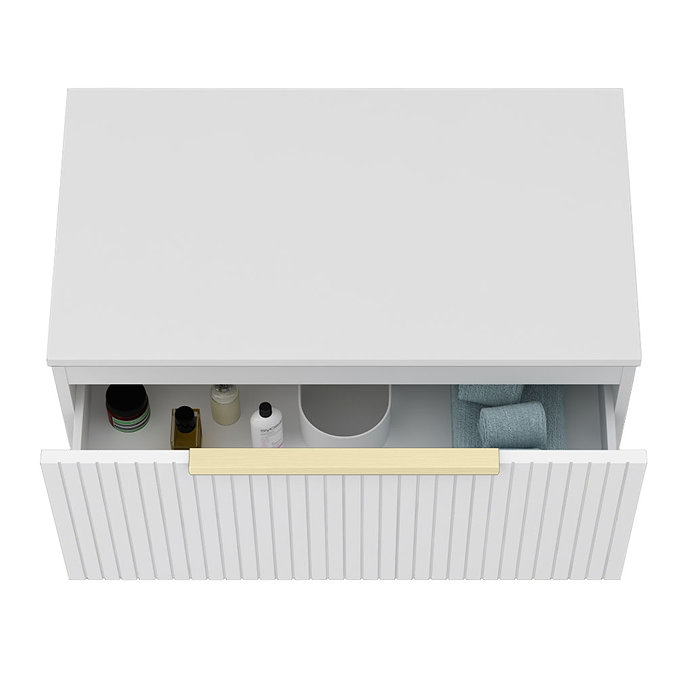 Milan Fluted Matt White 800mm Wall Hung 1-Drawer Countertop Vanity Unit with Brushed Brass Handle