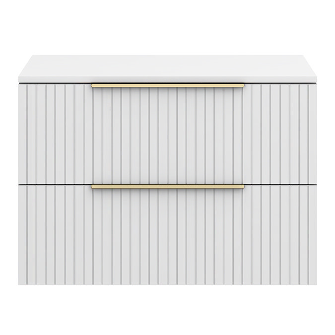 Milan Fluted Matt White 800mm Wall Hung 2-Drawer Countertop Vanity Unit with Brushed Brass Handles