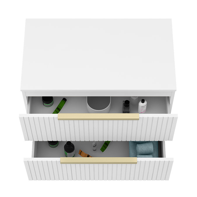 Milan Fluted Matt White 800mm Wall Hung 2-Drawer Countertop Vanity Unit with Brushed Brass Handles