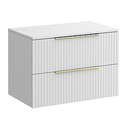 Milan Fluted Matt White 800mm Wall Hung 2-Drawer Countertop Vanity Unit with Brushed Brass Handles