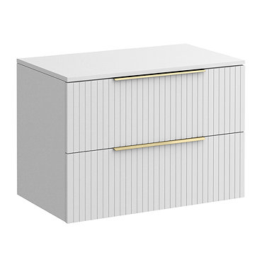 Milan Fluted Matt White 800mm Wall Hung 2-Drawer Countertop Vanity Unit with Brushed Brass Handles