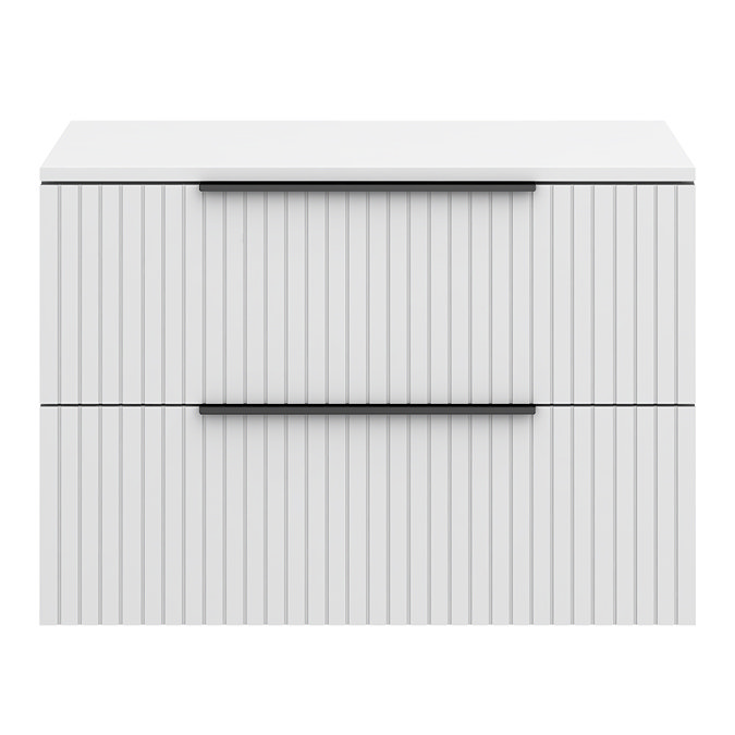 Milan Fluted Matt White 800mm Wall Hung 2-Drawer Countertop Vanity Unit with Matt Black Handles