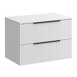 Milan Fluted Matt White 800mm Wall Hung 2-Drawer Countertop Vanity Unit with Matt Black Handles