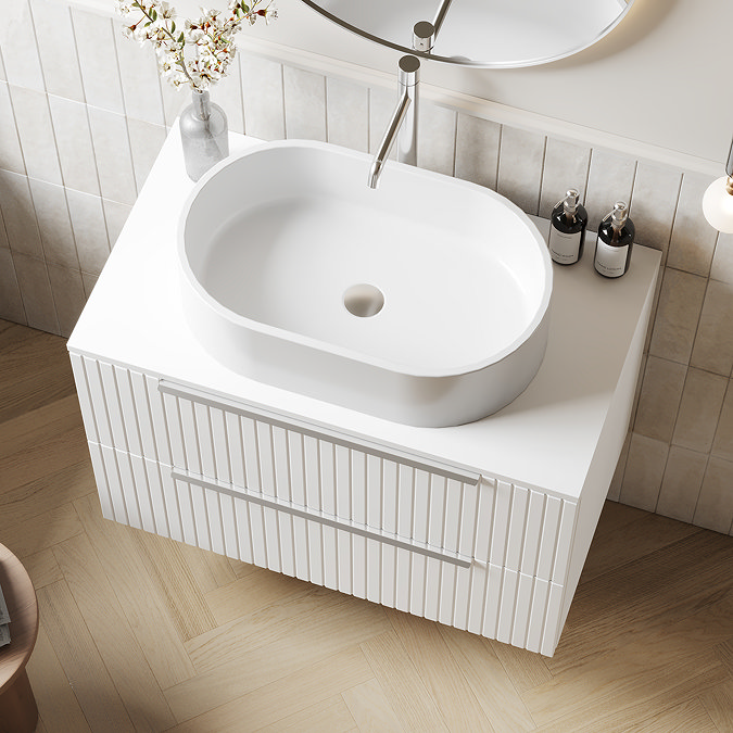 Milan Fluted Matt White 800mm Wall Hung 2-Drawer Countertop Vanity Unit