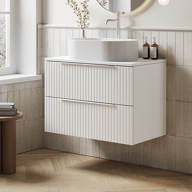 Milan Fluted Matt White 800mm Wall Hung 2-Drawer Countertop Vanity Unit