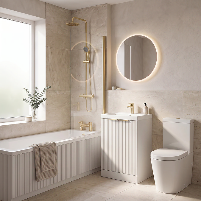 Milan Fluted Matt White & Brushed Brass Bathroom Suite with Bath Panels - Floor Standing Vanity